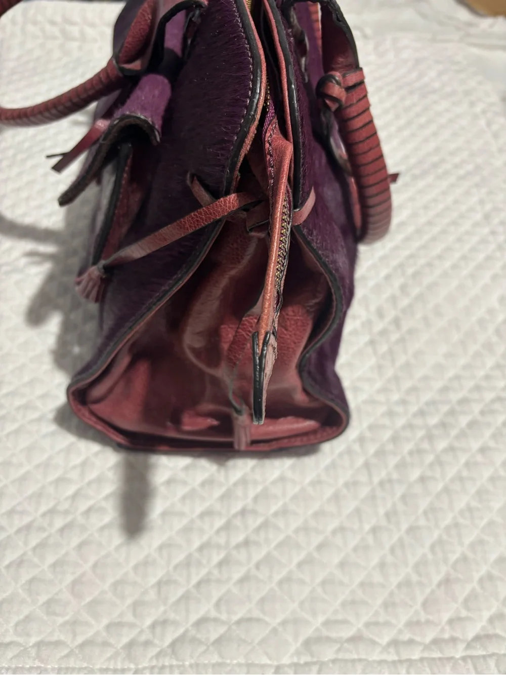 Antonio Melani Purple Leather & Hair-calf Bag with Tassel Accent EUC